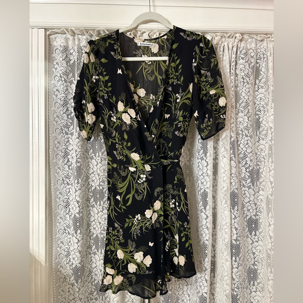 Reformation Monica Black Floral Georgette wrap dress